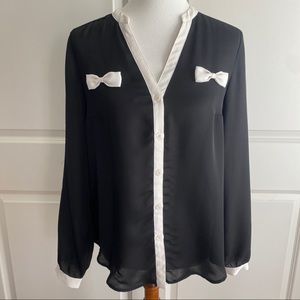 Black Long Sleeve Sheer Blouse with Bows - M